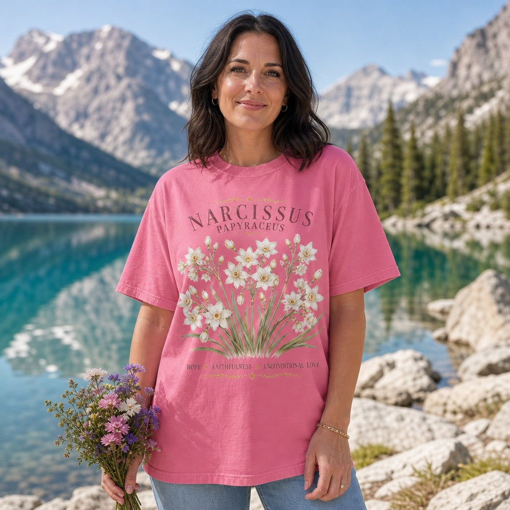 Woman wearing a crunchberry Comfort Colors t-shirt with a watercolor Narcissus papyraceus floral design and vintage lettering, posing beside an alpine lake with mountain scenery, cottagecore fashion for creative women and botanical lovers, by Crossroads Dandelion