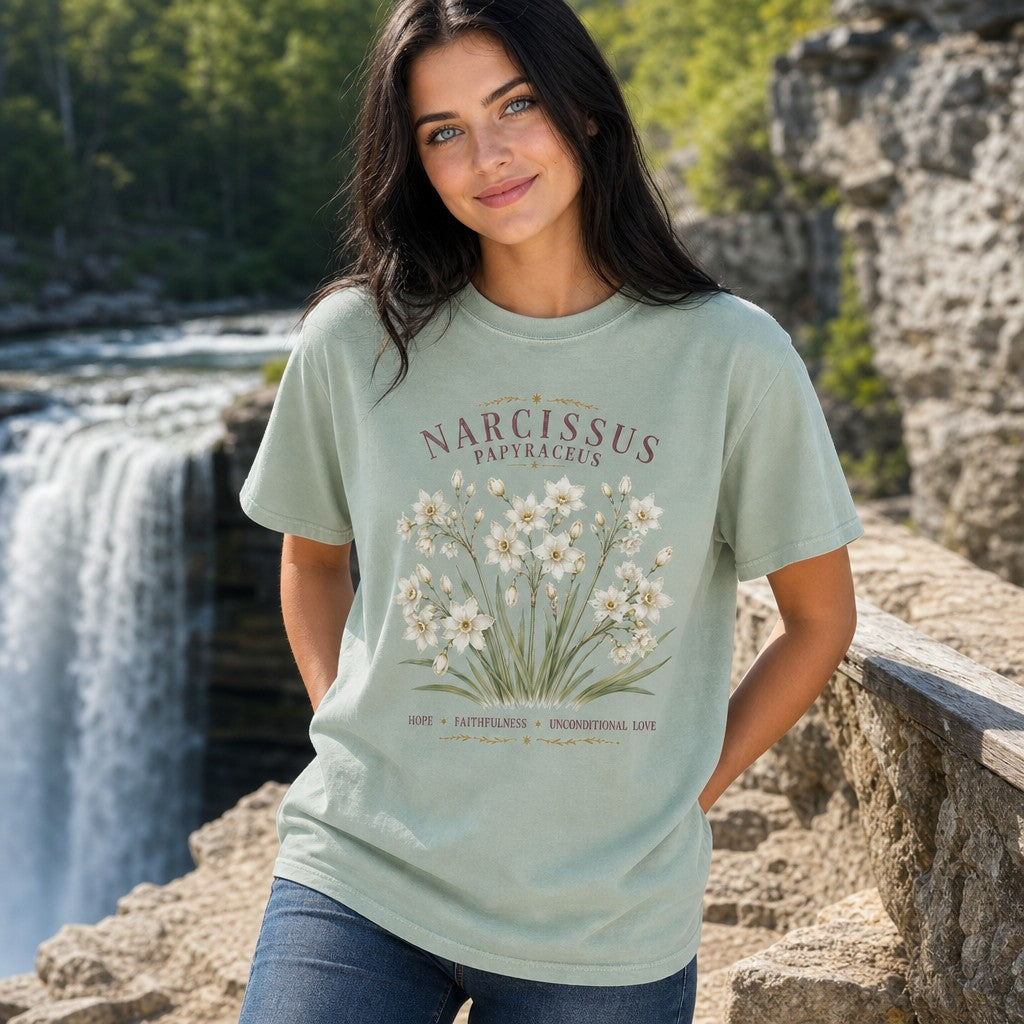Woman wearing a bay Comfort Colors t-shirt with a vintage watercolor Narcissus papyraceus floral design and gold accents, standing by a waterfall, cottagecore and botanical style, ideal for creative women and nature lovers, by Crossroads Dandelion