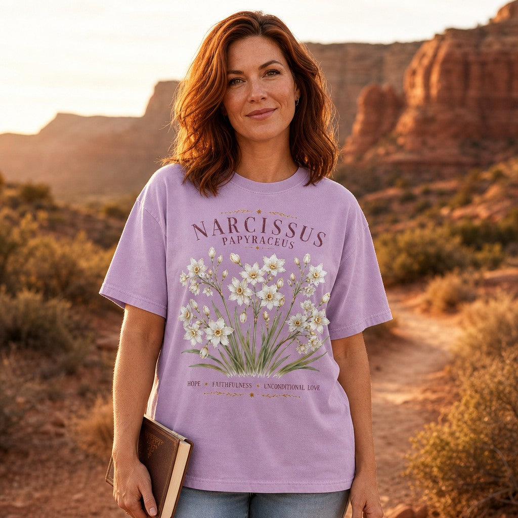 Woman wearing an orchid Comfort Colors 1717 t-shirt featuring a vintage-inspired watercolor illustration of white Narcissus papyraceus flowers and lush green leaves, serene botanical garden design with gold accents, cottagecore aesthetic, outdoor desert setting, perfect for creative women and floral lovers, by Crossroads Dandelion