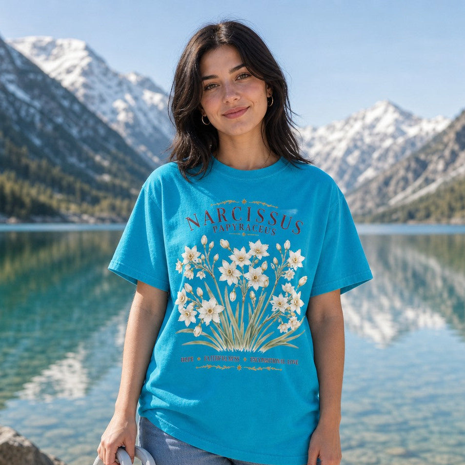 Woman wearing a sapphire Comfort Colors 1717 t-shirt with an elegant watercolor Narcissus papyraceus floral design, vintage-style gold lettering, standing by a serene mountain lake, cottagecore botanical aesthetic for creative souls, by Crossroads Dandelion
