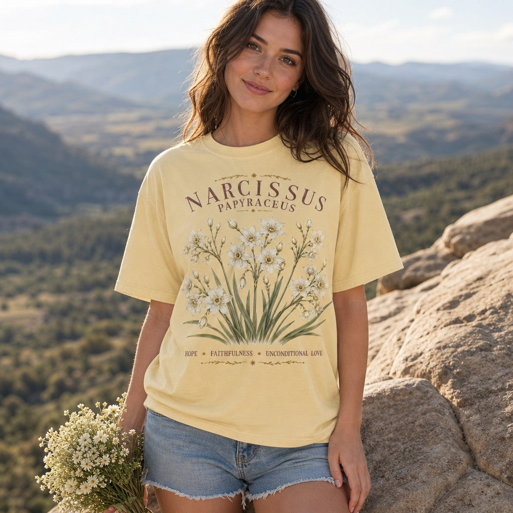 Woman wearing a butter yellow Comfort Colors t-shirt featuring a vintage watercolor Narcissus papyraceus floral design with botanical garden styling and gold accents, standing on a rocky mountain overlook, perfect for cottagecore and creative nature lovers, by Crossroads Dandelion