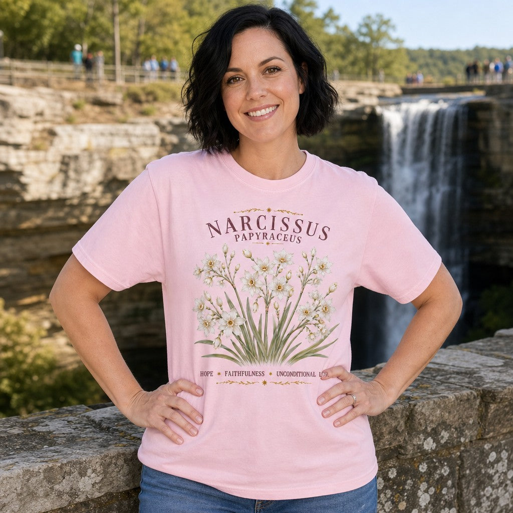 Woman wearing a blossom pink Comfort Colors 1717 t-shirt featuring an elegant watercolor illustration of white Narcissus papyraceus flowers and vintage gold script, set against a scenic waterfall background. Cottagecore botanical style for creative souls and lovers of gentle, nature-inspired aesthetics, by Crossroads Dandelion