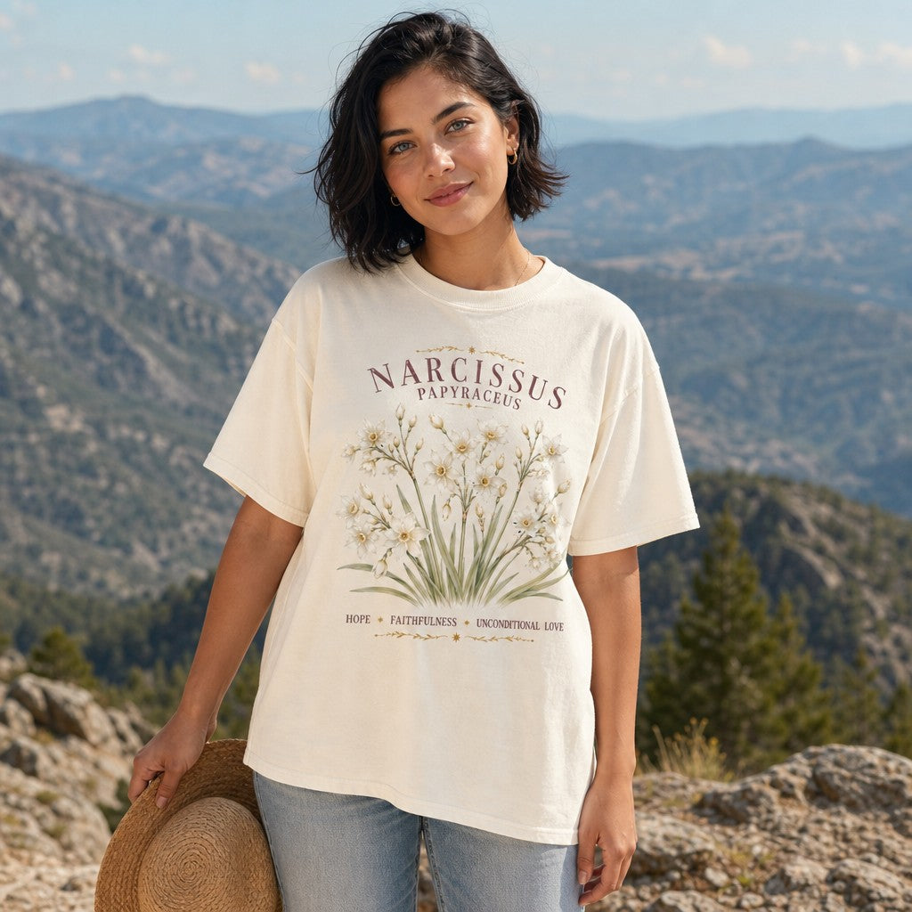 Woman wearing an ivory Comfort Colors 1717 t-shirt with a watercolor narcissus papyraceus botanical design, vintage-style gold accents, standing in a scenic mountain setting, perfect for cottagecore and creative souls, by Crossroads Dandelion