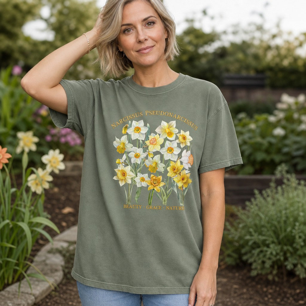 Woman in moss green Comfort Colors 1717 t-shirt with vintage watercolor Narcissus pseudonarcissus botanical illustration, delicate daffodil blooms, garden-inspired cottagecore style for floral lovers, outdoors, by Crossroads Dandelion
