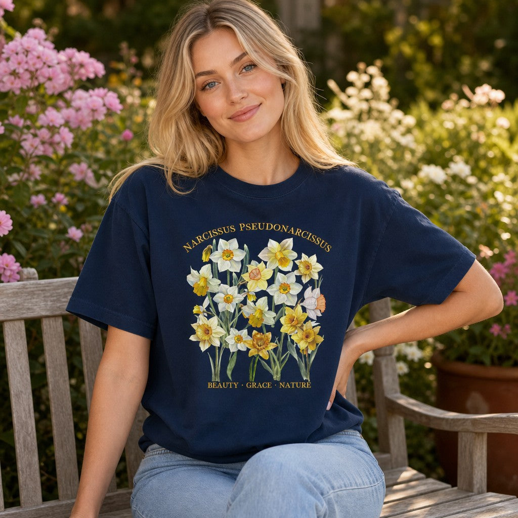 Woman in navy Comfort Colors 1717 t-shirt featuring a cottagecore vintage botanical illustration of watercolor narcissus pseudonarcissus daffodils with floral labels and gold text, garden setting, perfect for floral enthusiasts, by Crossroads Dandelion