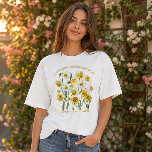 Woman wearing a white Comfort Colors 1717 t-shirt featuring a vintage watercolor botanical illustration of Narcissus pseudonarcissus (daffodil) blooms with gold floral labels and text, garden-inspired cottagecore design for floral lovers, photographed in a lush flower garden setting, by Crossroads Dandelion