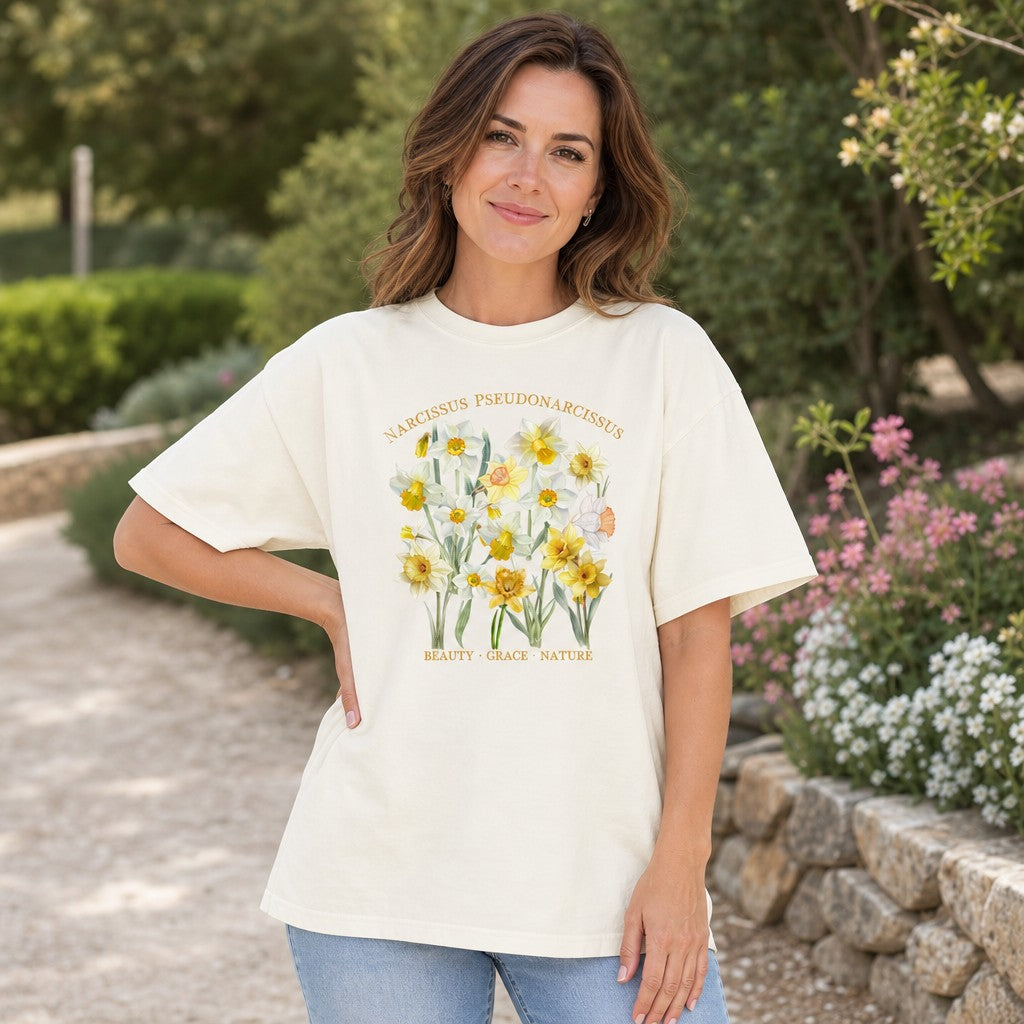 Woman on a garden path wearing an ivory Comfort Colors 1717 t-shirt with a vintage-style watercolor Narcissus pseudonarcissus daffodil botanical illustration, gold florals and text, cottagecore aesthetic for floral lovers, by Crossroads Dandelion