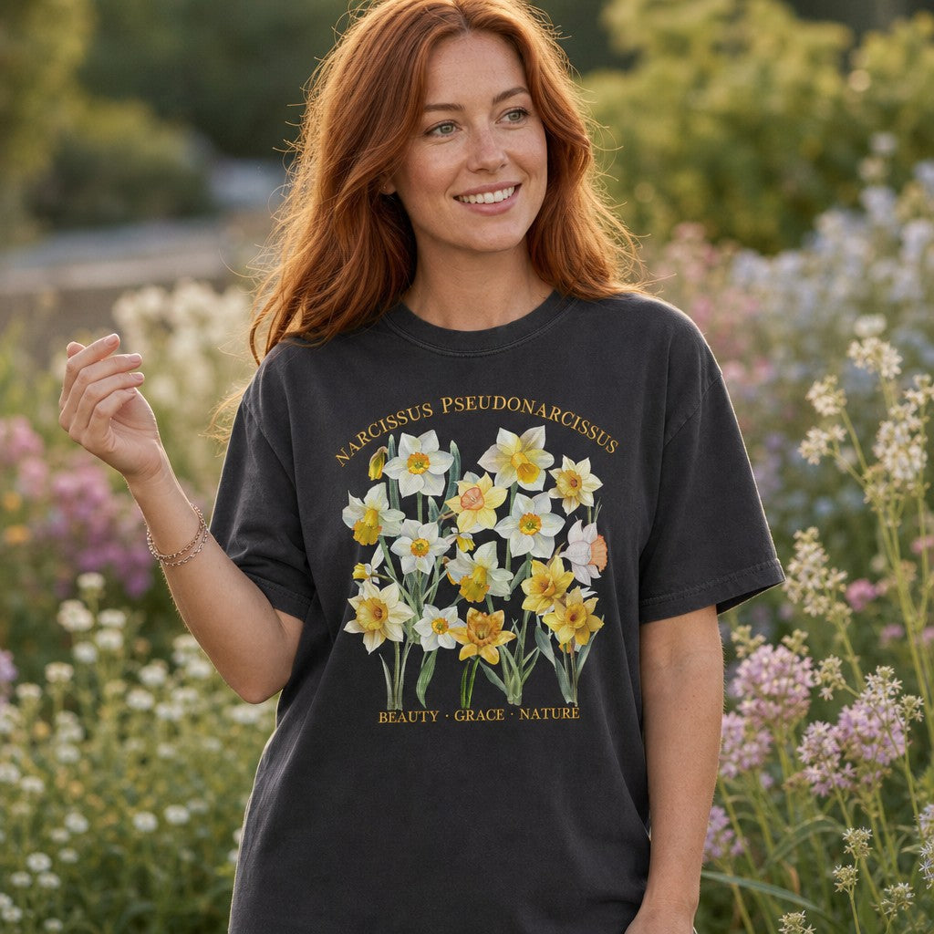 Woman wearing a pepper Comfort Colors vintage cottagecore t-shirt with watercolor narcissus pseudonarcissus daffodils, vintage botanical floral illustration, garden scene, for women and floral enthusiasts, by Crossroads Dandelion