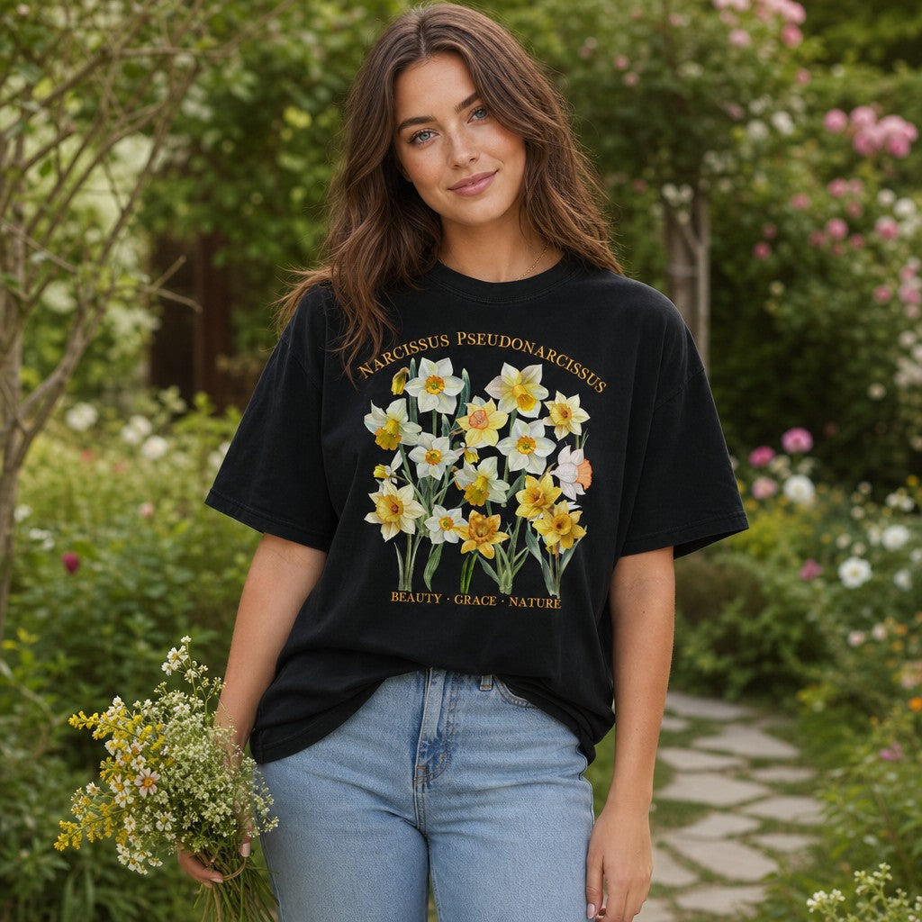 Woman wearing black Comfort Colors 1717 t-shirt with vintage cottagecore botanical illustration of Narcissus pseudonarcissus daffodils in watercolor, featuring gold floral text, standing in blooming garden, gift for floral enthusiasts and garden lovers, by Crossroads Dandelion