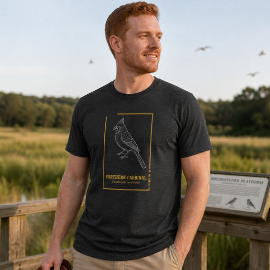Man wearing dark grey heather Bella Canvas 3001 t-shirt with a white hand-drawn line art northern cardinal illustration and vintage gold framing, standing on a birdwatching platform in nature, cottagecore style for birdwatchers and nature lovers, by Crossroads Dandelion