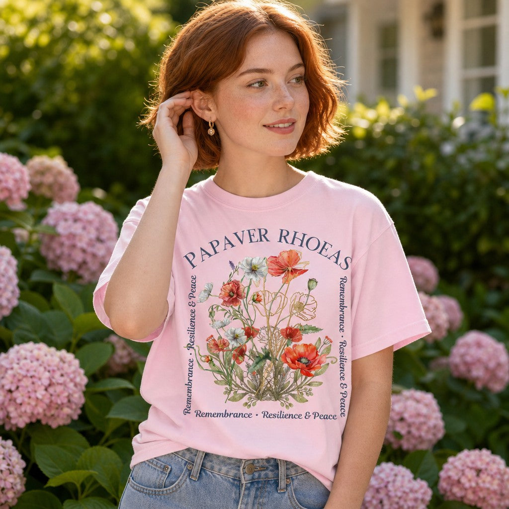 Woman in blossom pink Comfort Colors 1717 t-shirt with hand-drawn watercolor poppies and script, cottagecore floral design, standing in a hydrangea garden, for women and nature lovers, by Crossroads Dandelion