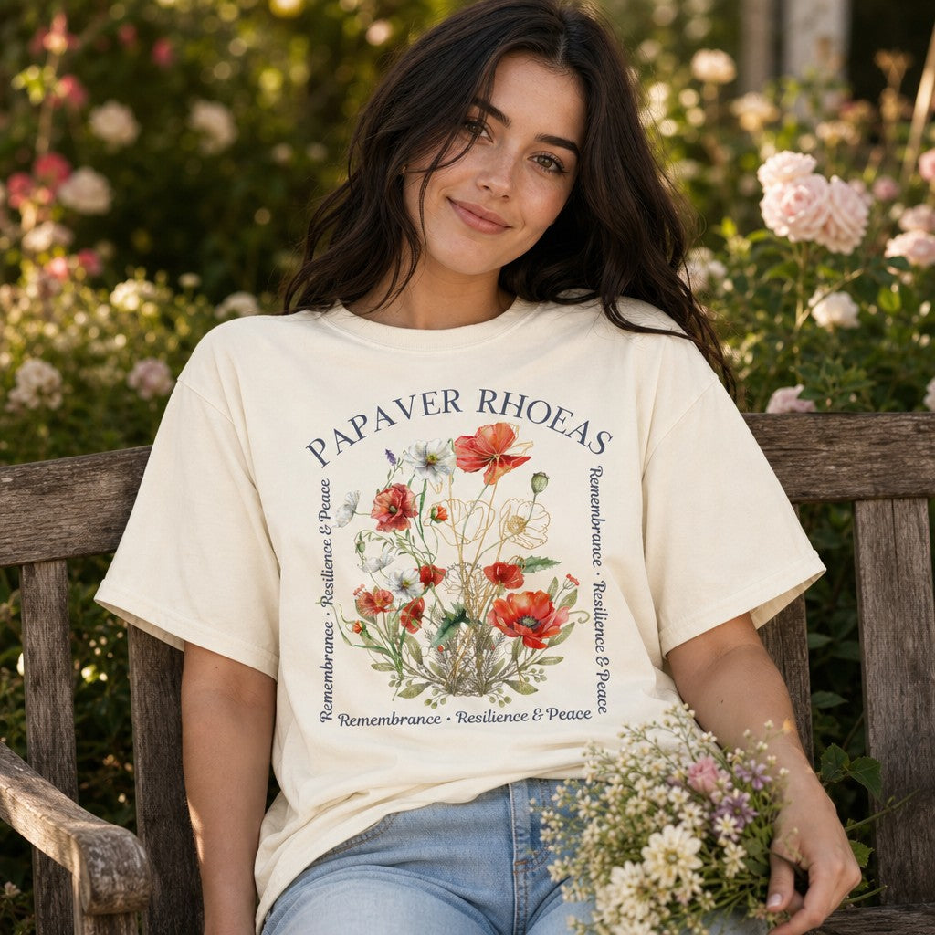 Woman wearing an ivory Comfort Colors 1717 t-shirt with a watercolor-style hand-drawn poppy floral design and elegant script, sitting on a garden bench surrounded by flowers, cottagecore and nature lovers apparel, by Crossroads Dandelion