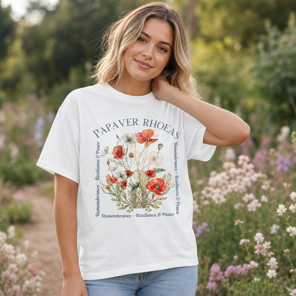 Woman wearing white Comfort Colors 1717 t-shirt with cottagecore watercolor poppy floral design and script text, standing in a blooming flower garden, nature and flower lovers apparel, by Crossroads Dandelion
