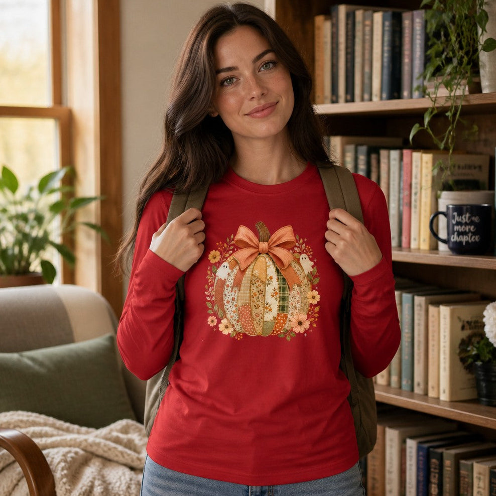Woman wearing a red Bella Canvas 3501 long sleeve shirt featuring a whimsical cottagecore patchwork pumpkin with florals, vintage-style ghosts, and a coral bow, standing in a cozy home library, perfect for autumn, Halloween, and cottagecore fans, by Crossroads Dandelion