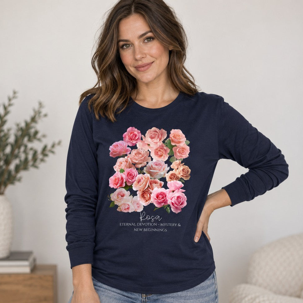 Woman in navy Bella Canvas 3501 long sleeve shirt featuring a vintage-inspired watercolor bouquet of pink and blush roses, romantic cottagecore floral design, ideal for botanical and nature lovers, by Crossroads Dandelion