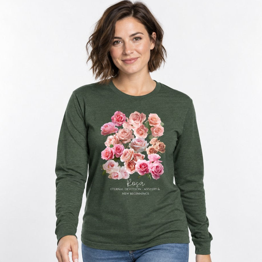 Woman in heather forest green Bella Canvas 3501 long sleeve featuring a vintage-inspired watercolor bouquet of pink and blush roses, romantic cottagecore floral design, botanical gift for nature lovers and June birthdays, by Crossroads Dandelion