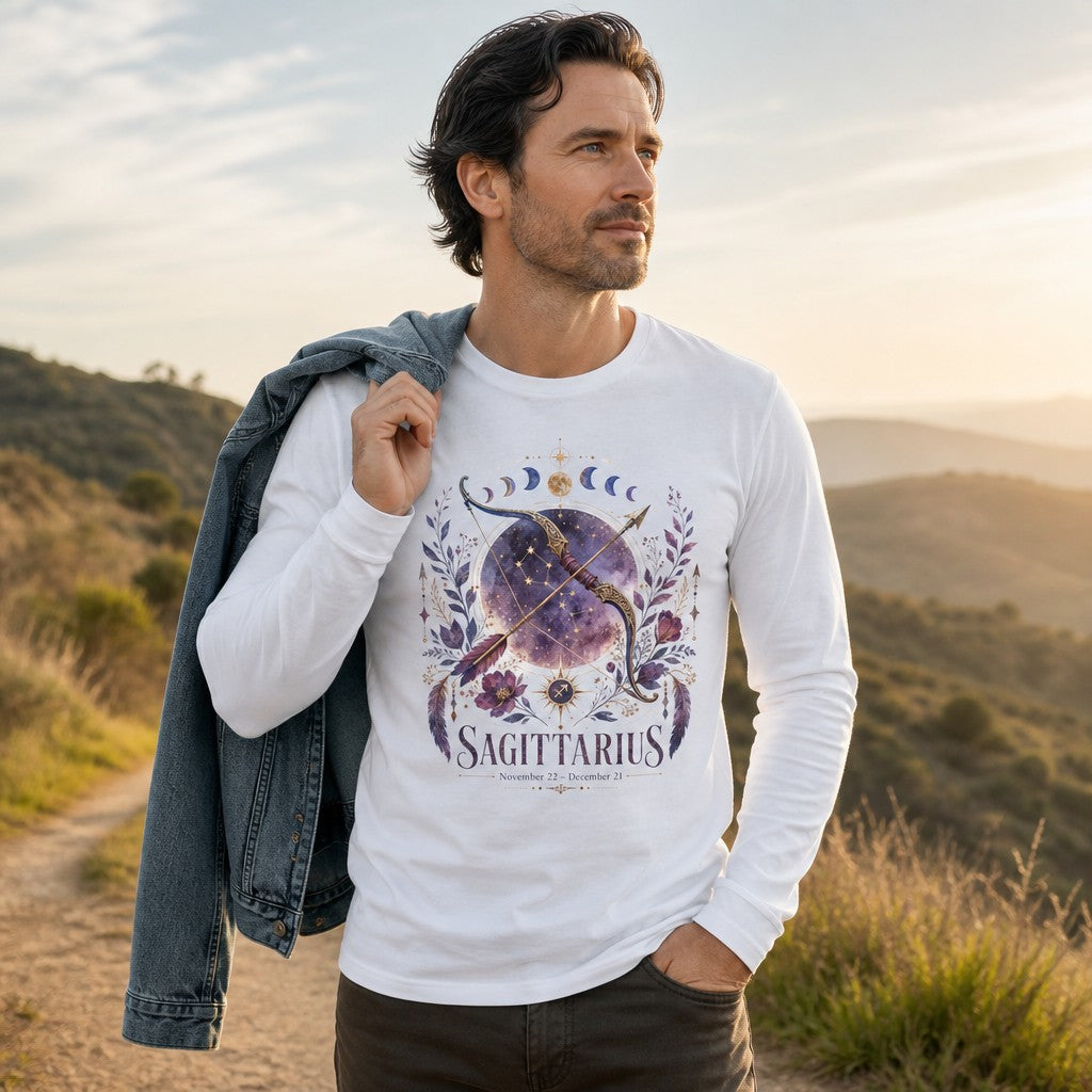 Man wearing a white Bella Canvas 3501 long sleeve shirt featuring a cottagecore watercolor cosmic design with a golden Sagittarius bow and arrow surrounded by purple florals, crescent moons, and stardust, hiking in scenic mountains, perfect for zodiac and nature lovers, by Crossroads Dandelion
