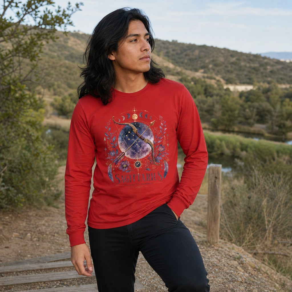 Man wearing a red Bella Canvas long sleeve shirt featuring a watercolor cosmic Sagittarius bow and arrow entwined with purple florals, crescent moons, and stardust over a midnight sky, hiking on a nature trail, mystical cottagecore zodiac shirt for astrology and nature lovers, by Crossroads Dandelion