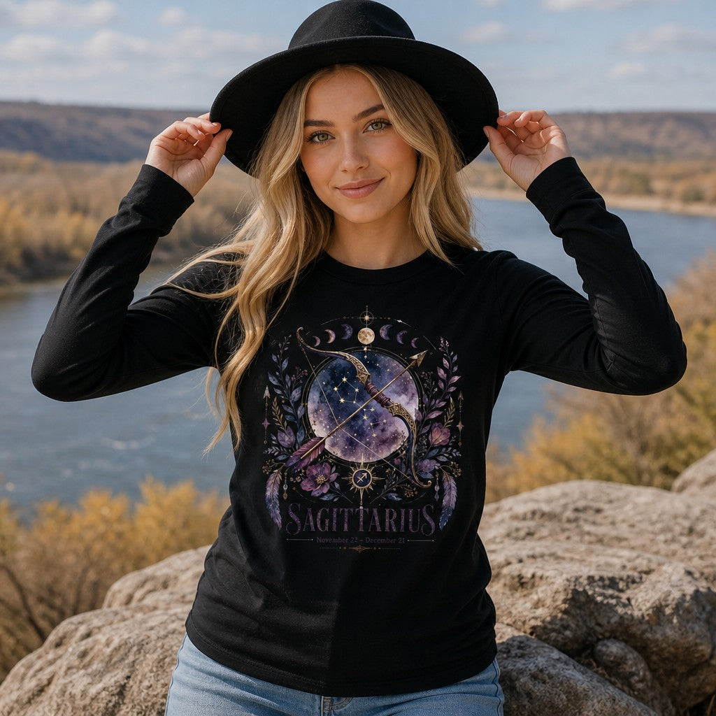 Woman in black Bella Canvas 3501 long sleeve shirt featuring a cottagecore watercolor Sagittarius cosmic bow and arrow entwined with purple florals and crescent moons, mystical astrology shirt for zodiac lovers, styled outdoors by a riverside, by Crossroads Dandelion
