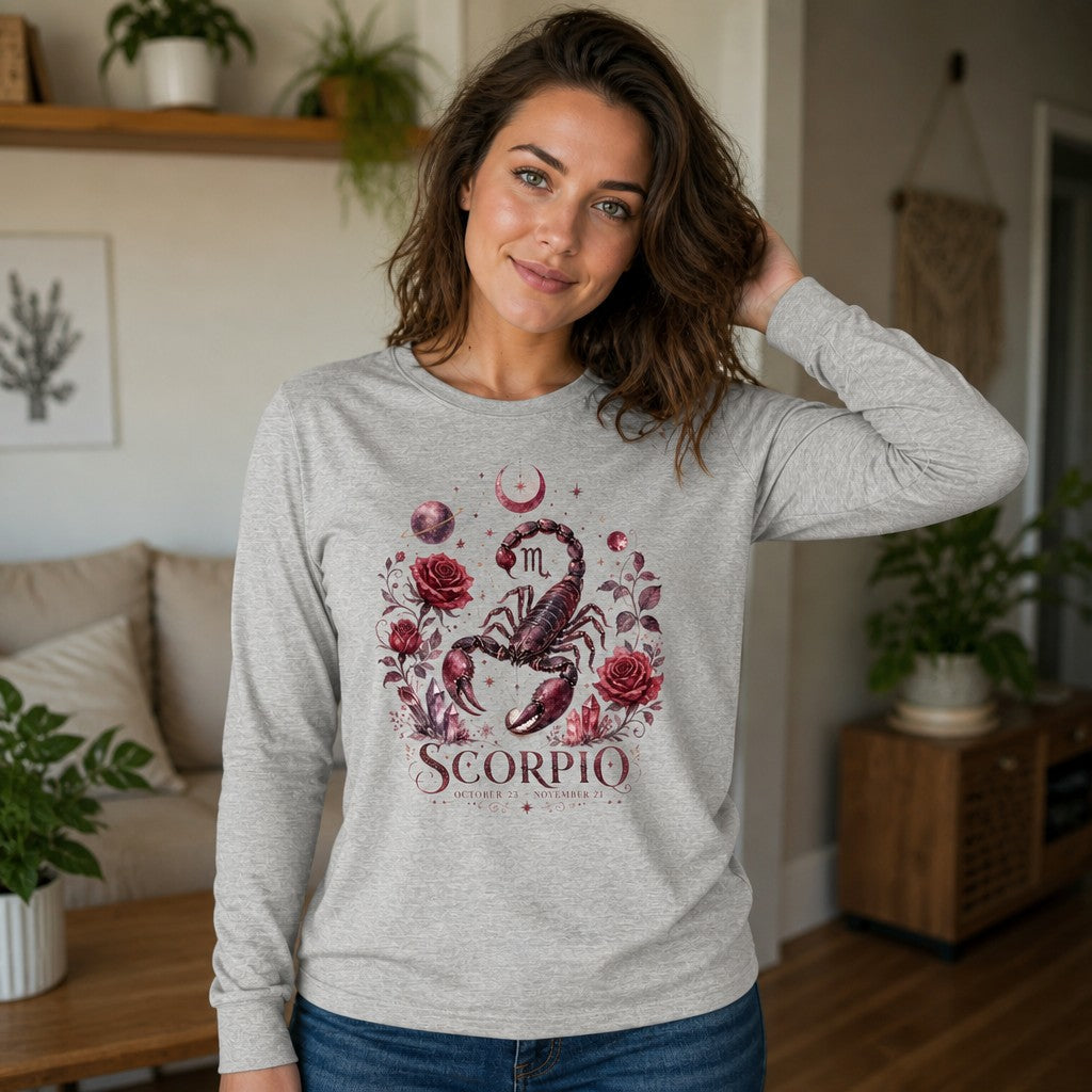 Woman in athletic heather Bella Canvas 3501 long sleeve shirt featuring a hand-painted Scorpio scorpion with deep red roses, amethyst crystals, crescent moons, and celestial details in a vintage botanical-celestial cottagecore style, cozy indoor scene, perfect for astrology lovers, by Crossroads Dandelion