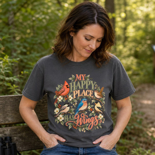 Woman wearing a pepper Comfort Colors 1717 t-shirt featuring hand-painted watercolor songbirds, wildflowers, berries, and vintage script 'My Happy Place Has Wings', cottagecore and vintage inspired design, in a wooded park with birdwatching gear, perfect for bird lovers and nature enthusiasts, by Crossroads Dandelion