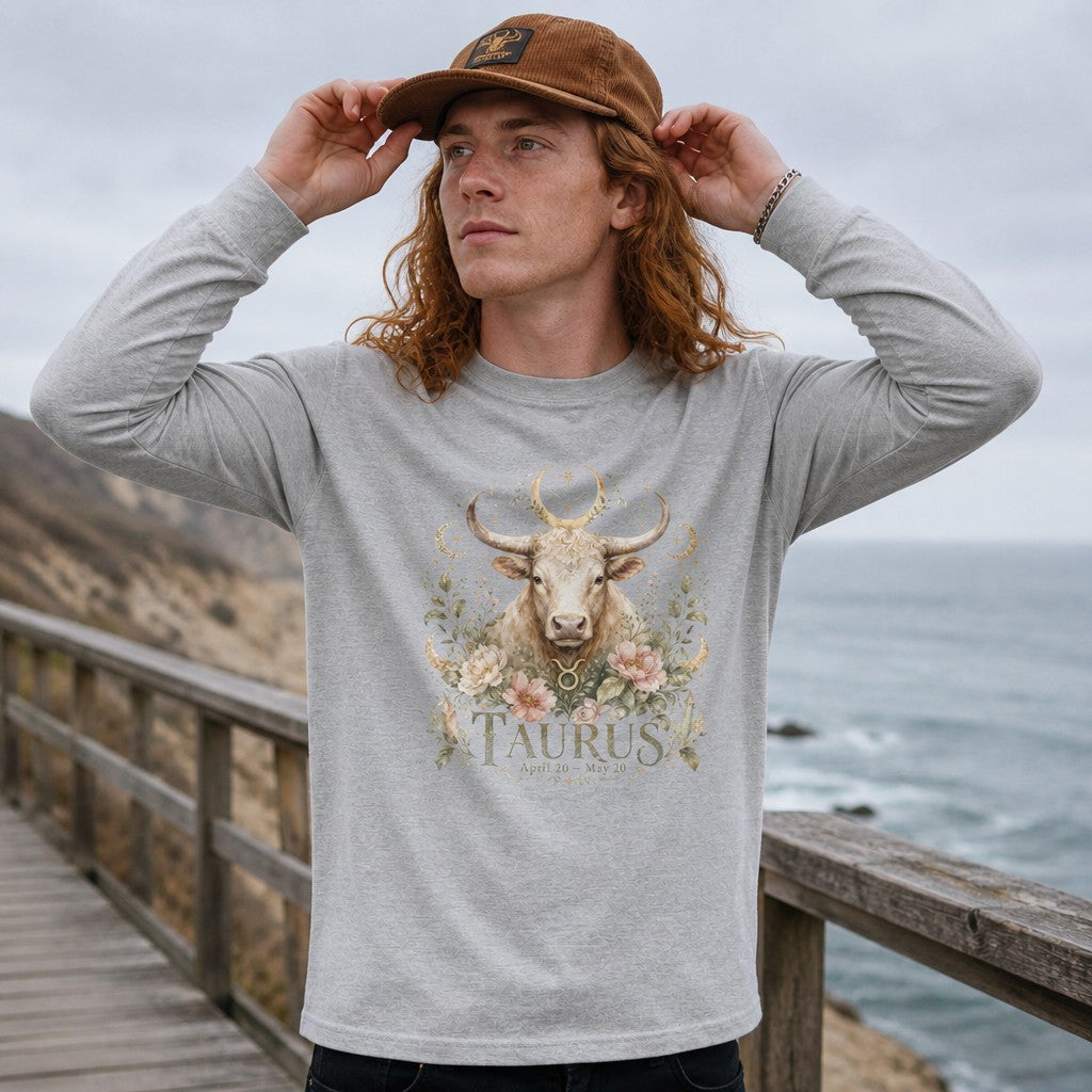 Man in athletic heather Bella Canvas 3501 long sleeve featuring a watercolor Taurus bull surrounded by lush florals and crescent moons, vintage cottagecore and mystical zodiac style, standing on a coastal boardwalk, ideal for astrology and nature lovers, by Crossroads Dandelion
