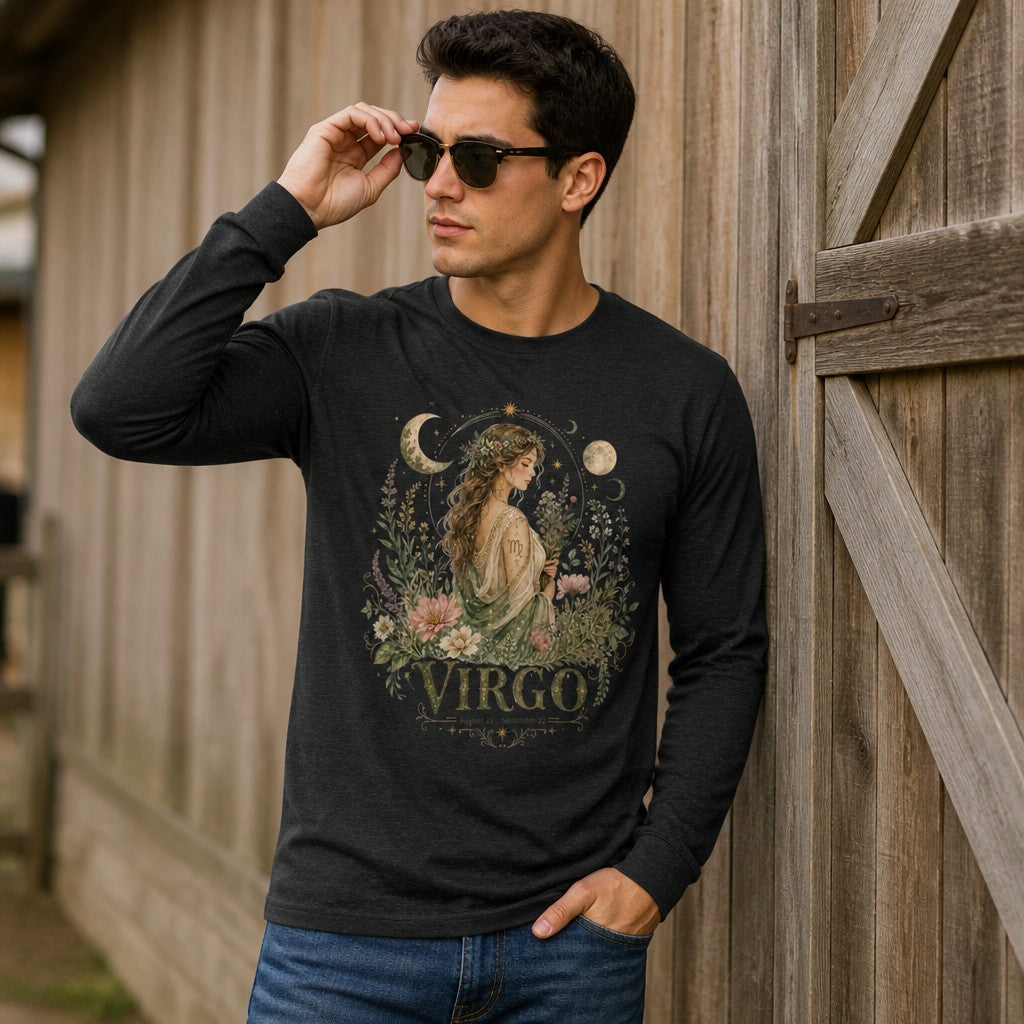 Man wearing dark grey heather Bella Canvas 3501 long sleeve shirt featuring a vintage watercolor Virgo maiden surrounded by wildflowers, crescent moons, and celestial stars; dreamy cottagecore astrology design, outdoor casual style for astrology lovers and men, by Crossroads Dandelion