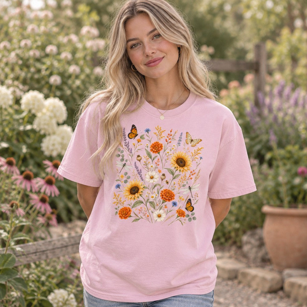 Woman wearing a Comfort Colors 1717 t-shirt in blossom pink featuring a hand-painted vintage wildflower meadow with sunflowers, marigolds, daisies, lavender, butterflies, and dragonflies in a soft watercolor cottagecore style, perfect for botanical art enthusiasts in a garden setting, by Crossroads Dandelion