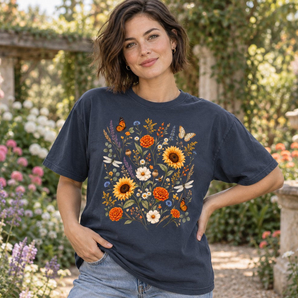Woman in navy Comfort Colors 1717 t-shirt featuring watercolor cottagecore wildflower meadow design with sunflowers, marigolds, daisies, lavender, butterflies, and dragonflies, modeled in a blooming garden, perfect for botanical art and nature lovers, by Crossroads Dandelion