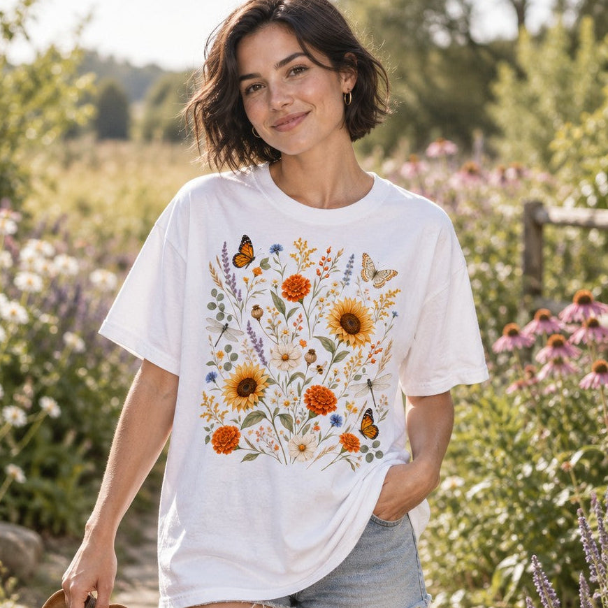 Woman in a white Comfort Colors 1717 t-shirt featuring a cottagecore, hand-painted watercolor wildflower meadow design with sunflowers, marigolds, daisies, lavender, butterflies, and dragonflies, standing in a blooming garden, perfect for botanical art and nature lovers, by Crossroads Dandelion