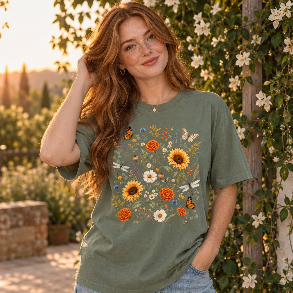 Woman wearing moss green Comfort Colors 1717 t-shirt with a hand-painted vintage wildflower meadow design featuring sunflowers, marigolds, daisies, lavender, butterflies, and dragonflies in a soft watercolor cottagecore style, garden setting, perfect for botanical art enthusiasts, by Crossroads Dandelion