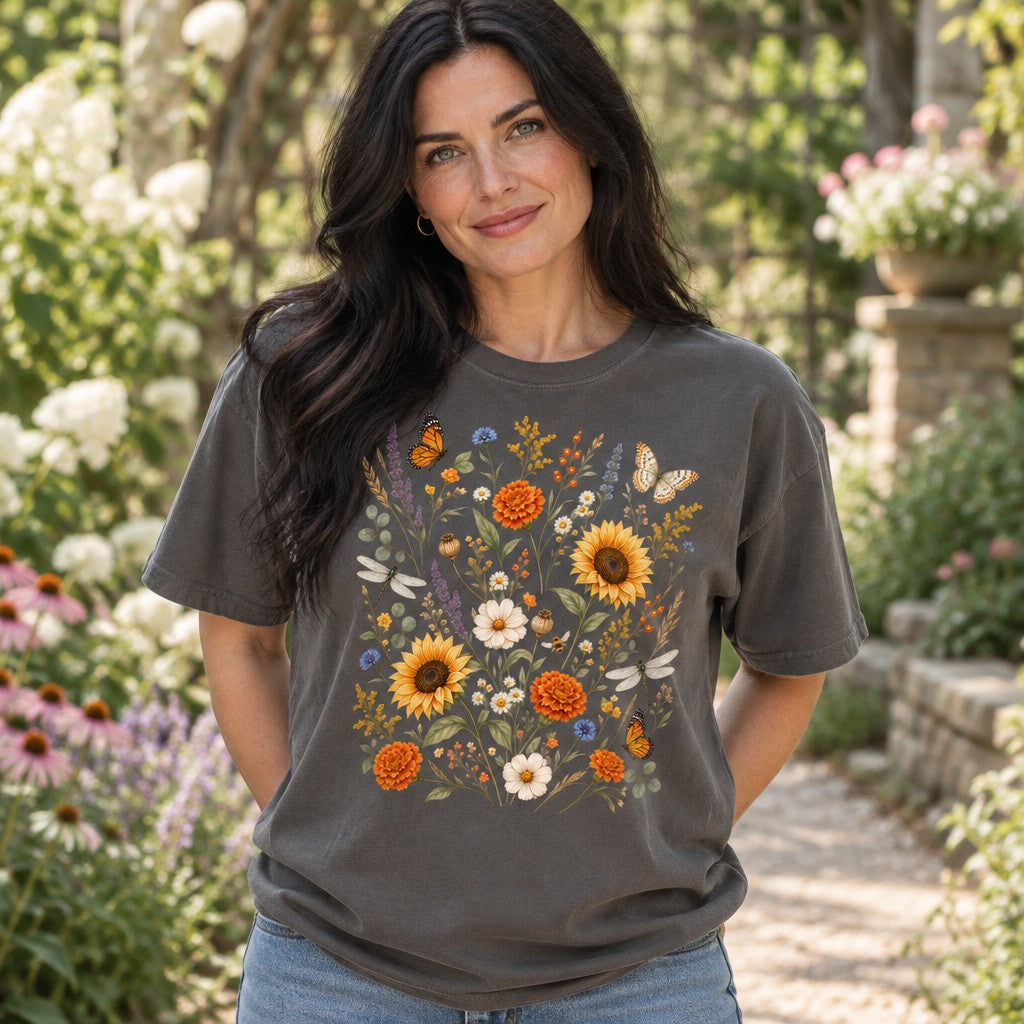 Woman wearing a Comfort Colors 1717 t-shirt in pepper featuring a hand-painted vintage wildflower meadow design with sunflowers, marigolds, daisies, lavender, butterflies, and dragonflies in a soft watercolor cottagecore style, standing in a lush garden, perfect for botanical art enthusiasts, by Crossroads Dandelion