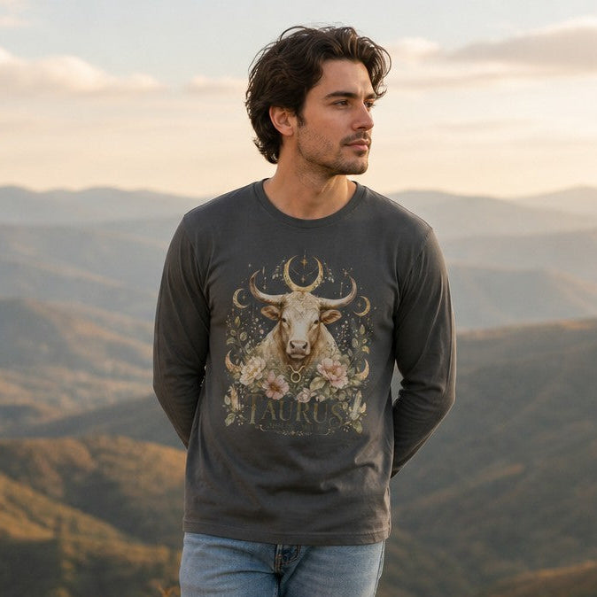 Man in asphalt Bella Canvas 3501 long sleeve featuring a watercolor bull with lush florals, twining greenery, and mystical crescent moons, embracing earthy cottagecore and zodiac vibes, standing on a mountain overlook, ideal for astrology and nature lovers, by Crossroads Dandelion