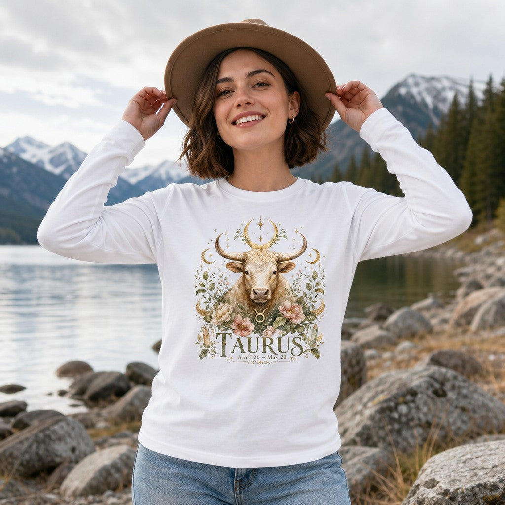 Woman wearing a white Bella Canvas long sleeve shirt featuring a watercolor bull with celestial moons and lush florals in a vintage cottagecore zodiac design, standing by a mountain lake, designed for nature and astrology lovers, by Crossroads Dandelion