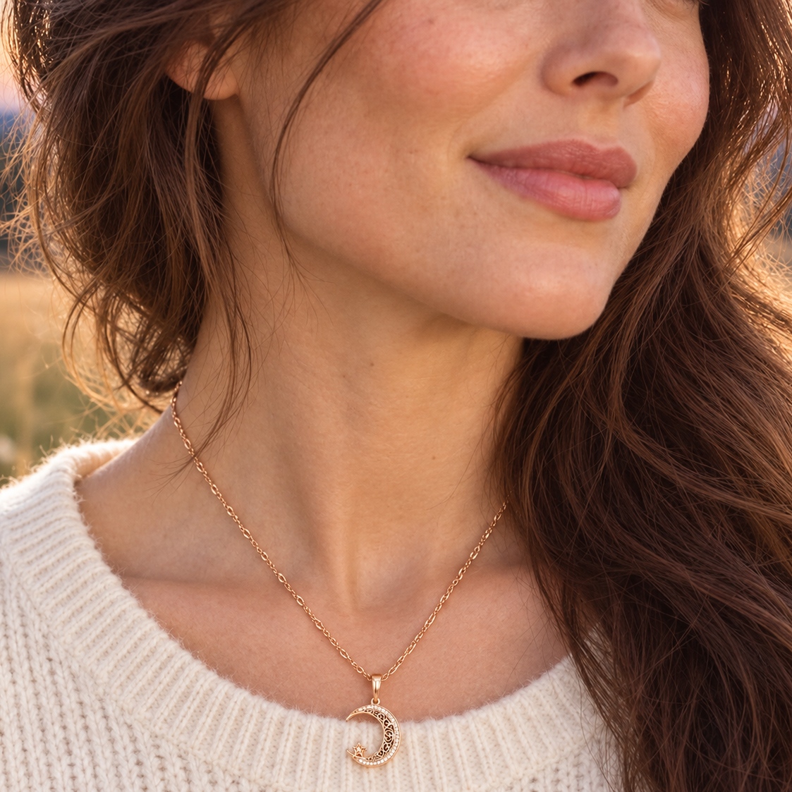 A close-up lifestyle shot of a woman wearing a delicate rose gold crescent moon pendant necklace, styled with a cream knit sweater against a warm, blurred outdoor background.
