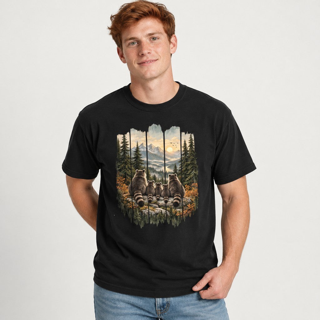 Male model wearing black Comfort Colors® 1717 t-shirt with painterly folk-art design of a raccoon family sitting on a rocky outcrop, gazing at an autumn mountain valley with river, sunrise, and evergreens, rustic woodcut style, nature lovers and outdoor families, by Crossroads Dandelion