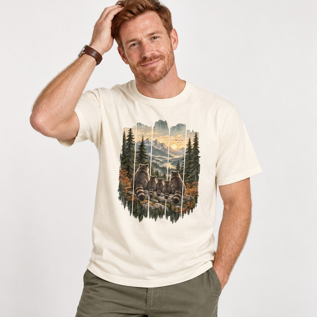 Man wearing ivory Comfort Colors® 1717 t-shirt featuring a folk-art painterly illustration of a raccoon family sitting on a rocky outcrop overlooking an autumn mountain valley with rustic woodcut plank effect, earthy greens and golds, scenic sunrise for nature lovers and outdoor families, by Crossroads Dandelion