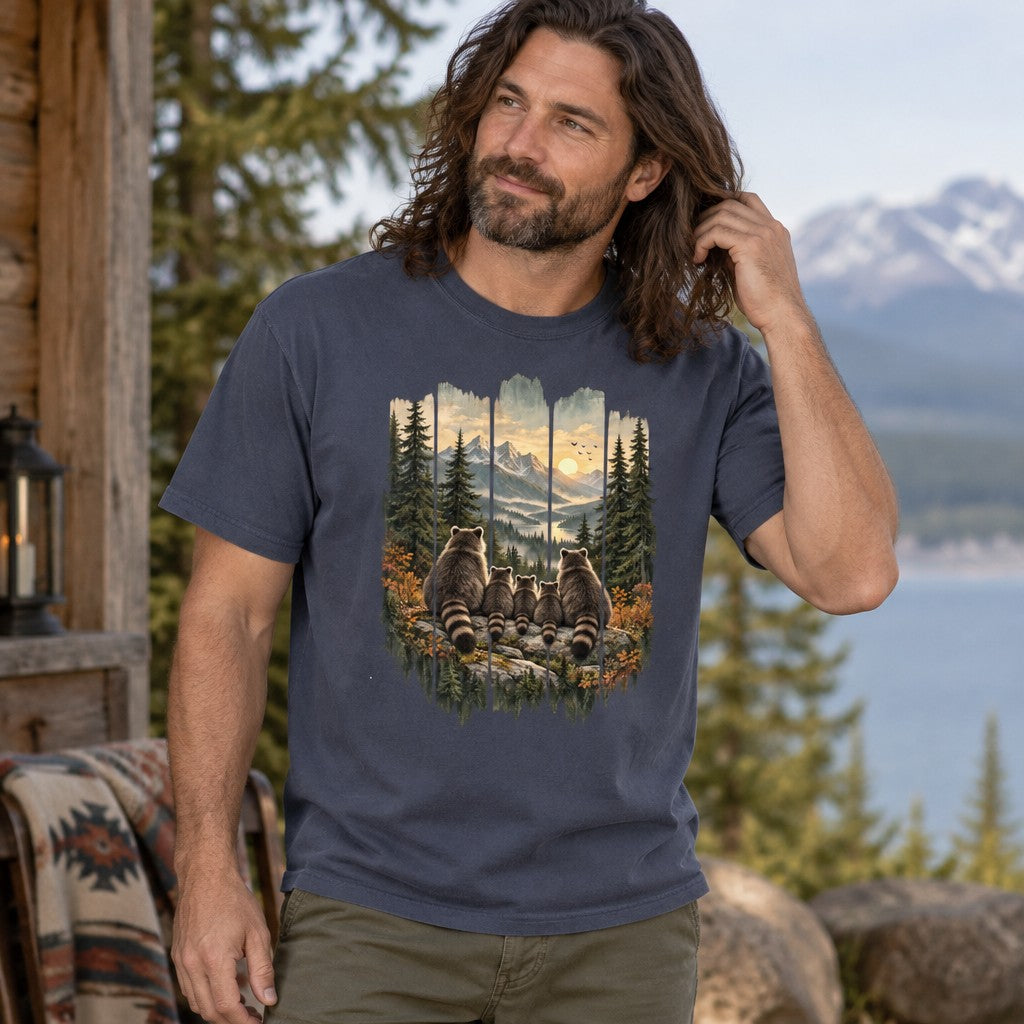 Man wearing a navy Comfort Colors® 1717 t-shirt featuring a folk-art painterly raccoon family illustration, rustic woodcut pallet art style, autumn mountain valley with evergreens and sunrise, perfect for nature lovers and outdoor families, by Crossroads Dandelion
