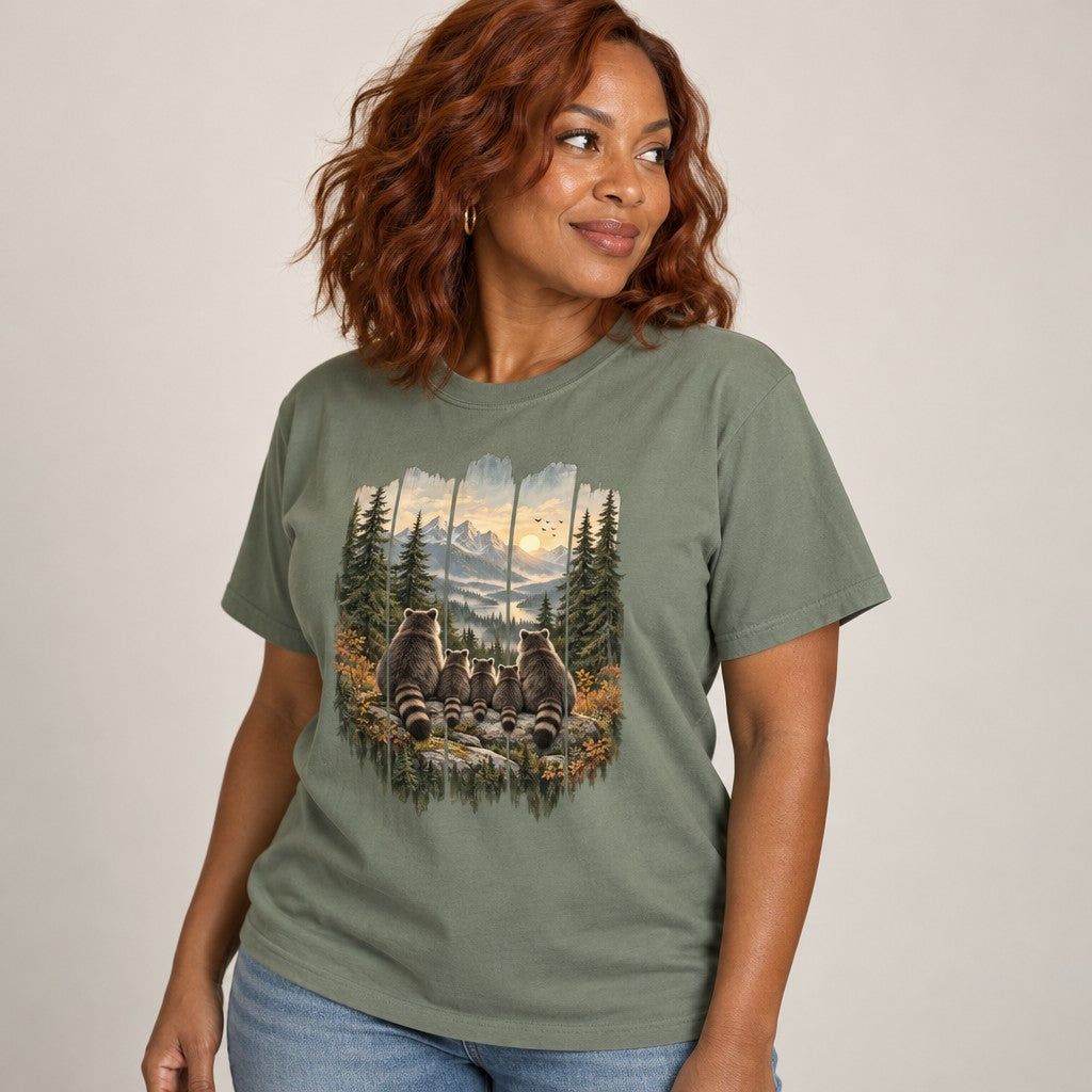 Woman wearing moss green Comfort Colors® 1717 t-shirt featuring painterly folk-art raccoon family illustration in autumn mountain valley, rustic woodcut pallet-art style, for nature lovers and outdoor families, by Crossroads Dandelion