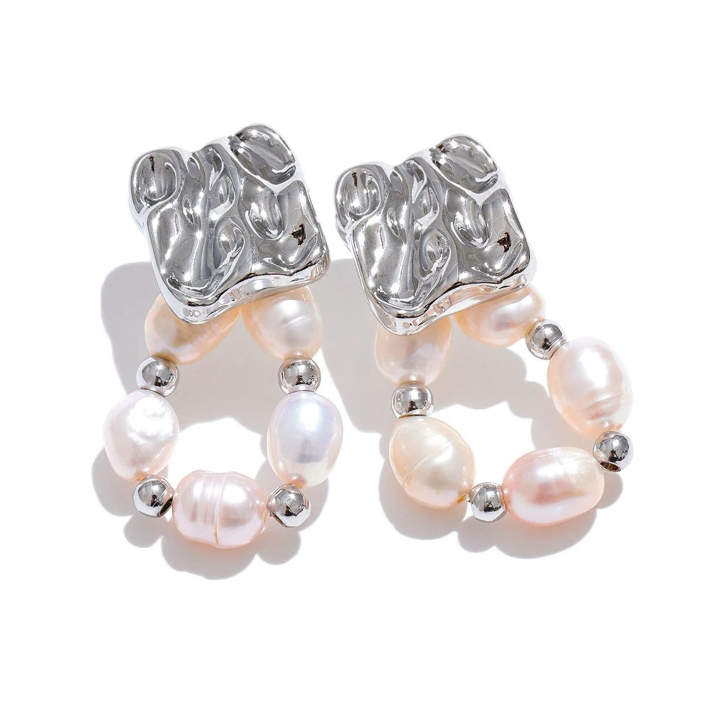 Freshwater baroque pearl drop earrings in silver PVD plated stainless steel, geometric textured square stud with blush pearl hoop loop, white background product shot, by Crossroads Dandelion