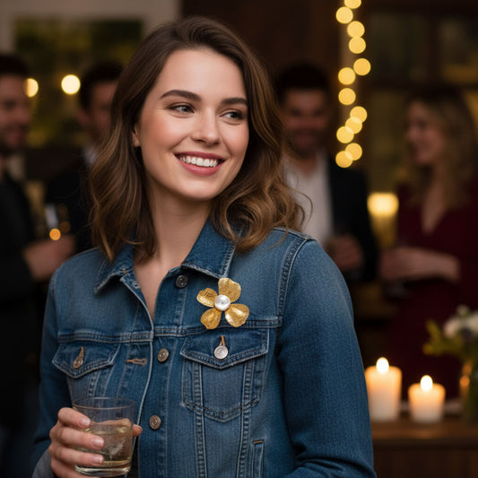 Woman in a denim jacket with a decorative brooch holding a glass, standing in a social setting with blurred people and lights in the background.