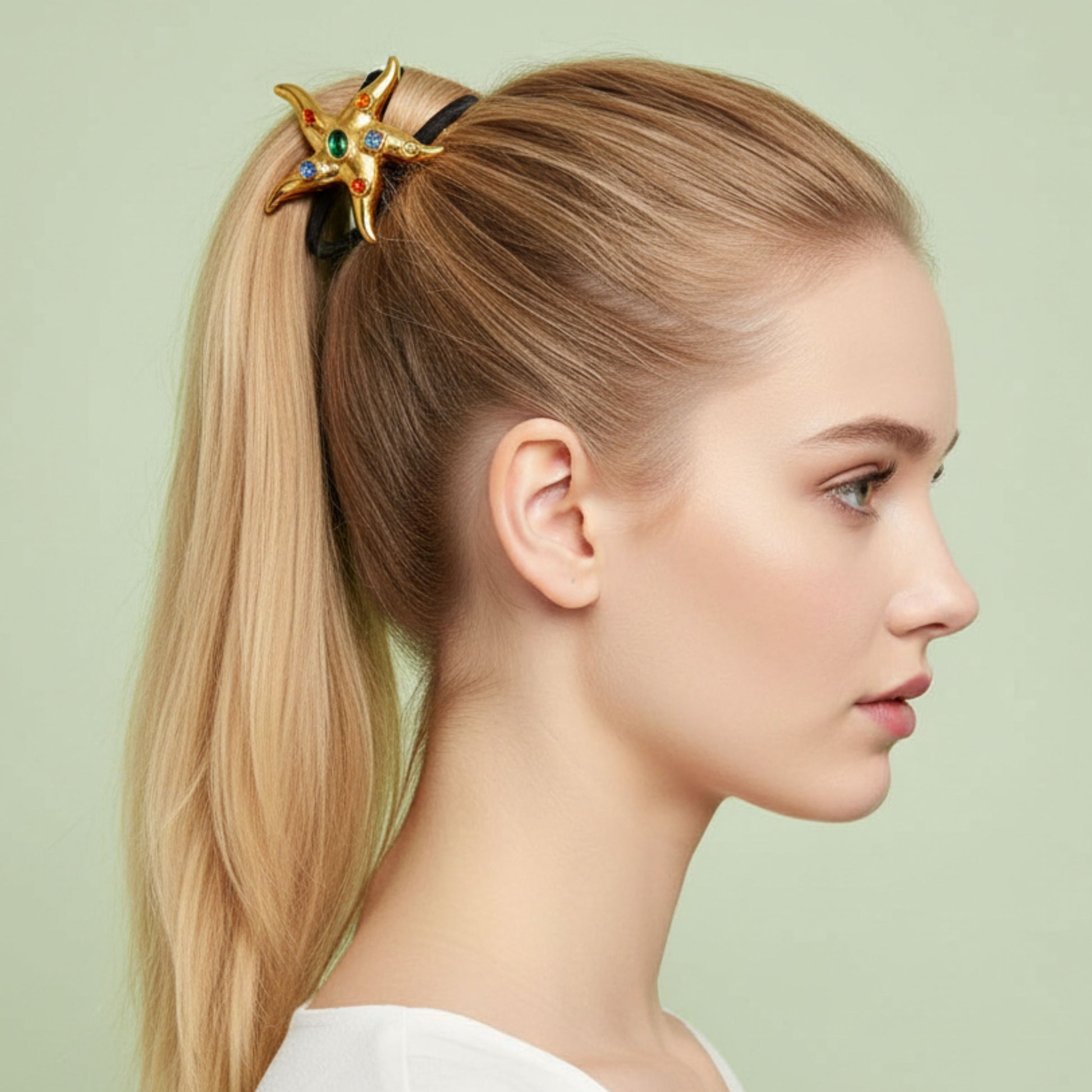 Woman with a high ponytail wearing a decorative hair band featuring a gold pleated starfish with colorful cubic zirconia
