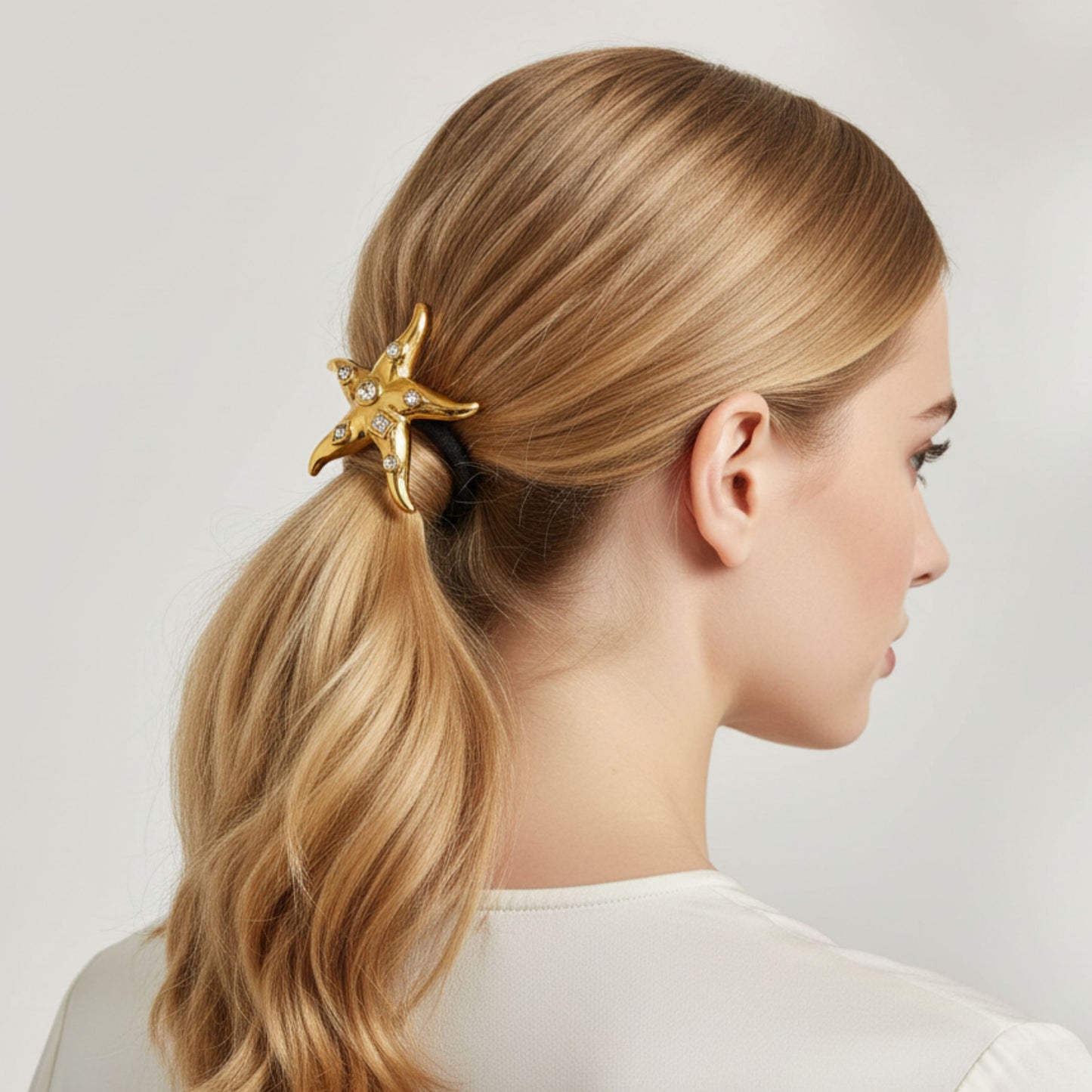 Woman with blonde hair styled in a ponytail with a gold star-shaped hair accessory with clear cubic zirconia on a light background