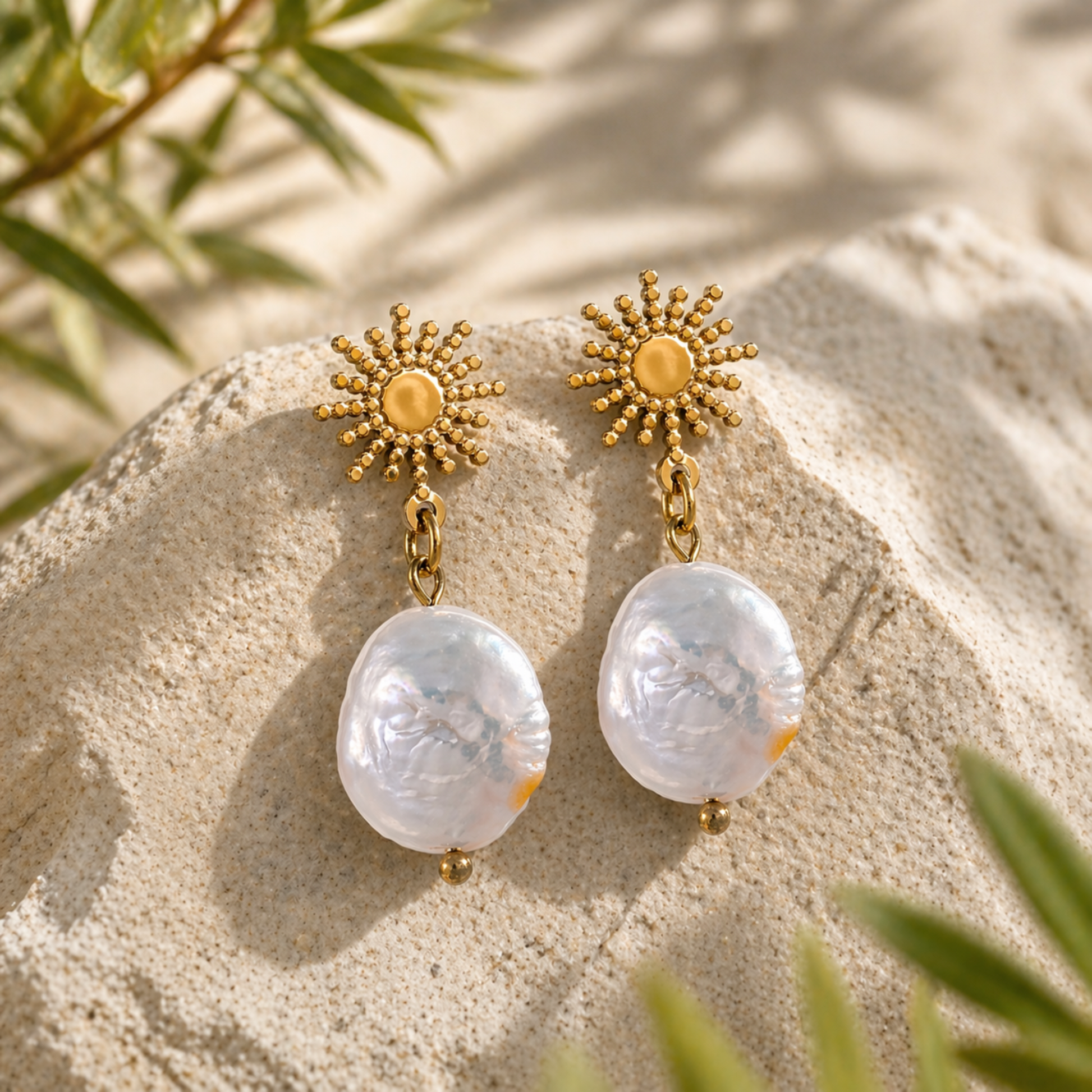 Gold sunburst baroque pearl earrings resting on textured rock with soft natural light and greenery, by Crossroads Dandelion