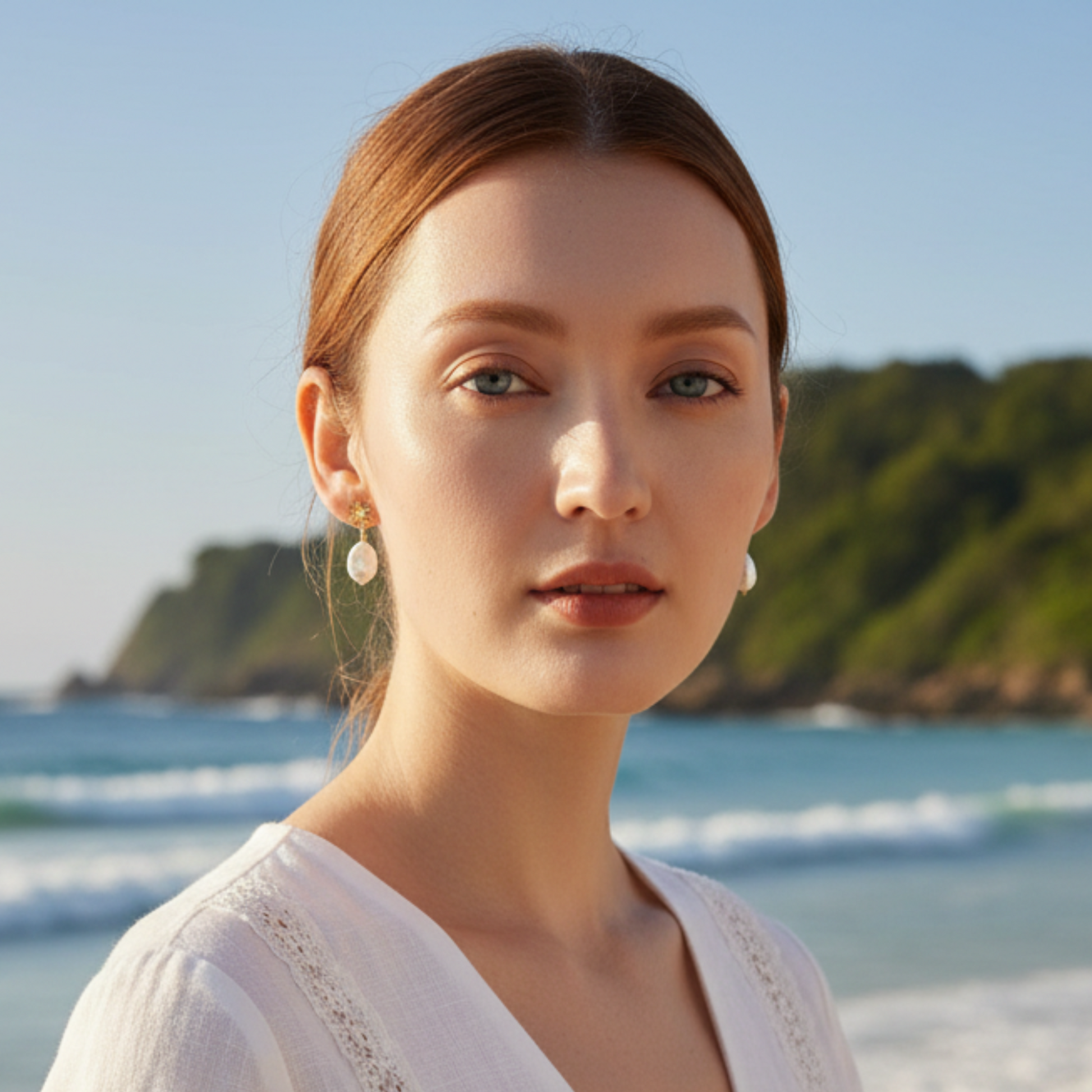Gold sunburst pearl drop earrings worn by model facing camera on beach, minimalist coastal jewelry style, by Crossroads Dandelion
