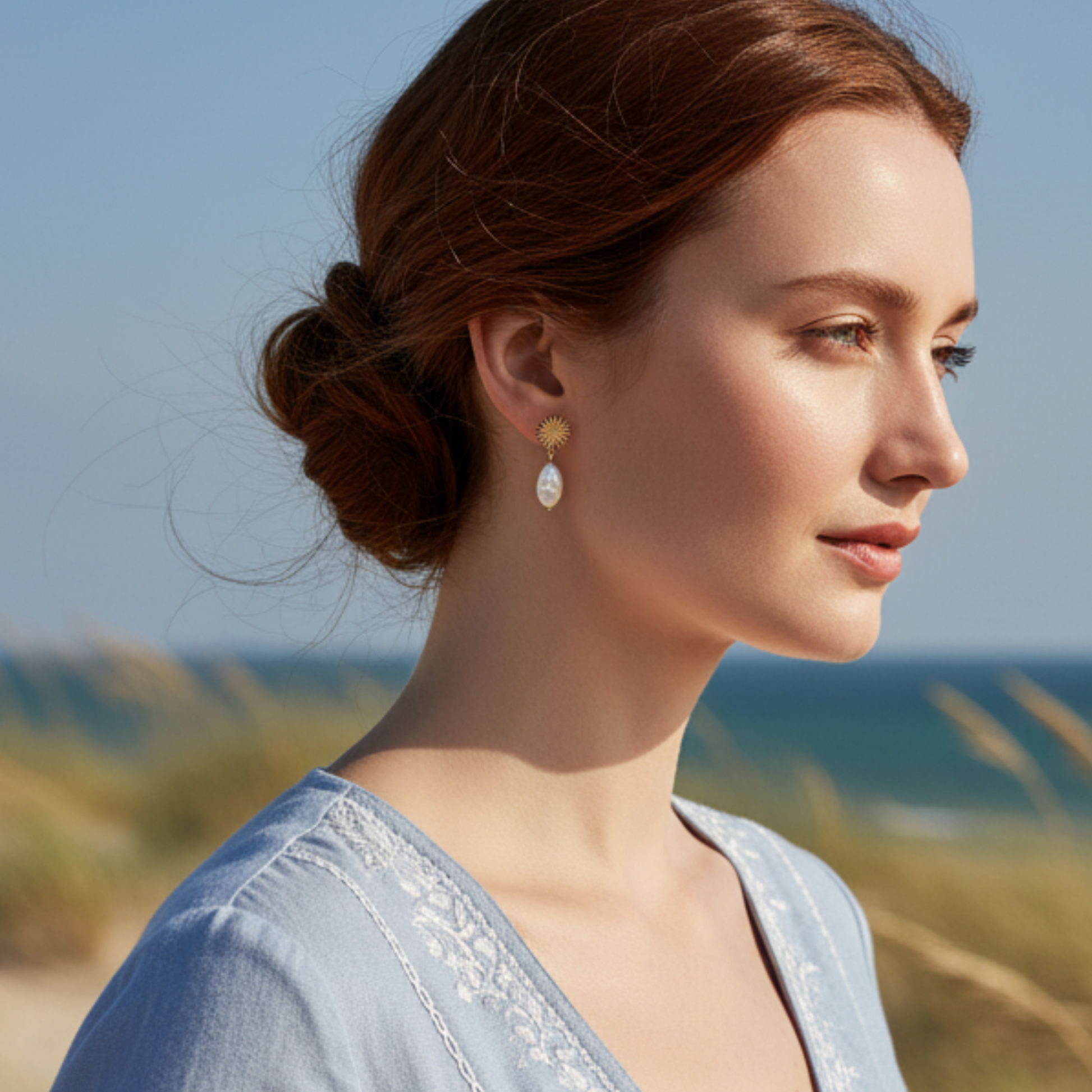 Close up of gold sunburst pearl drop earrings on model by ocean, elegant natural light jewelry portrait, by Crossroads Dandelion