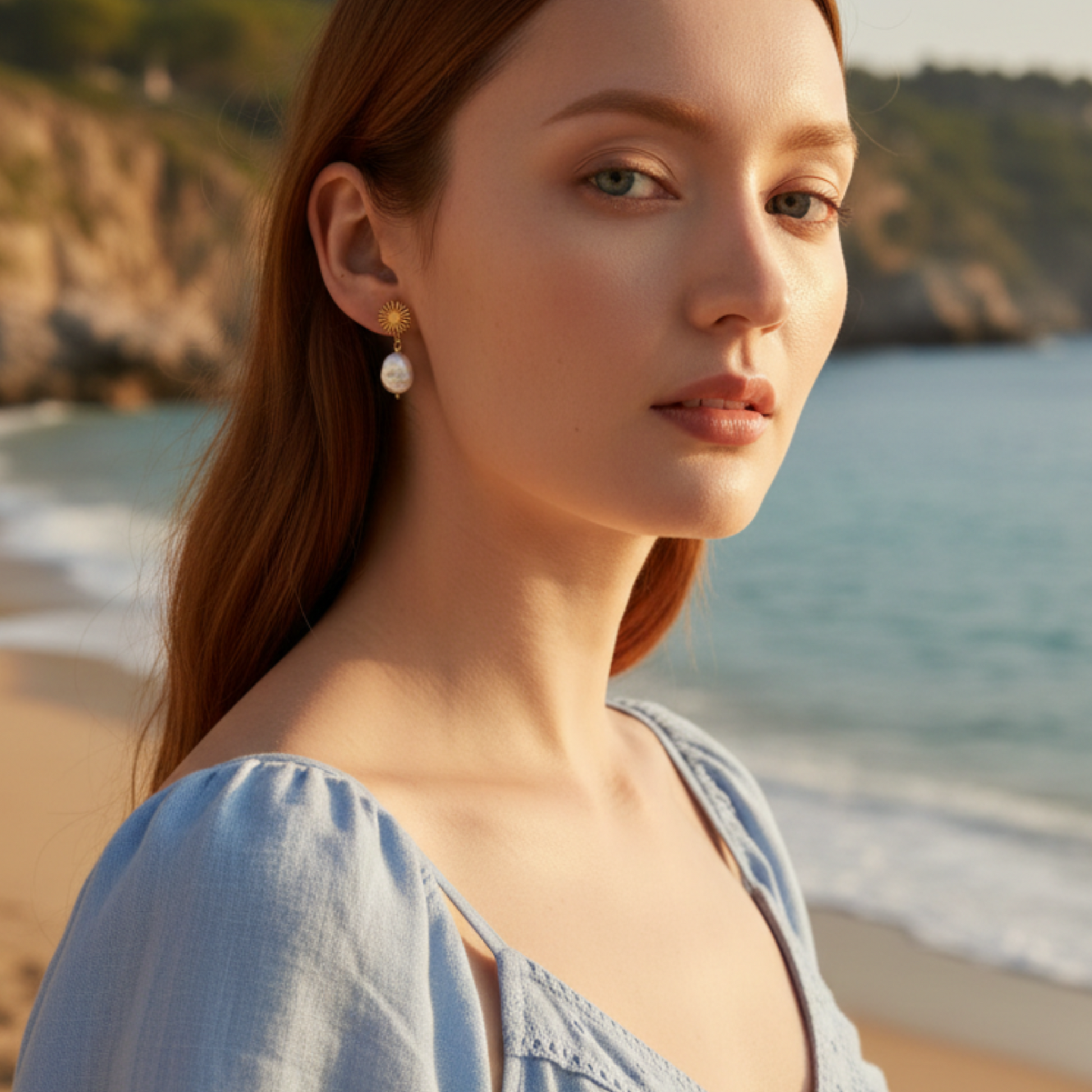 Gold sunburst baroque pearl drop earrings worn by model at beach, side profile coastal lifestyle jewelry, by Crossroads Dandelion