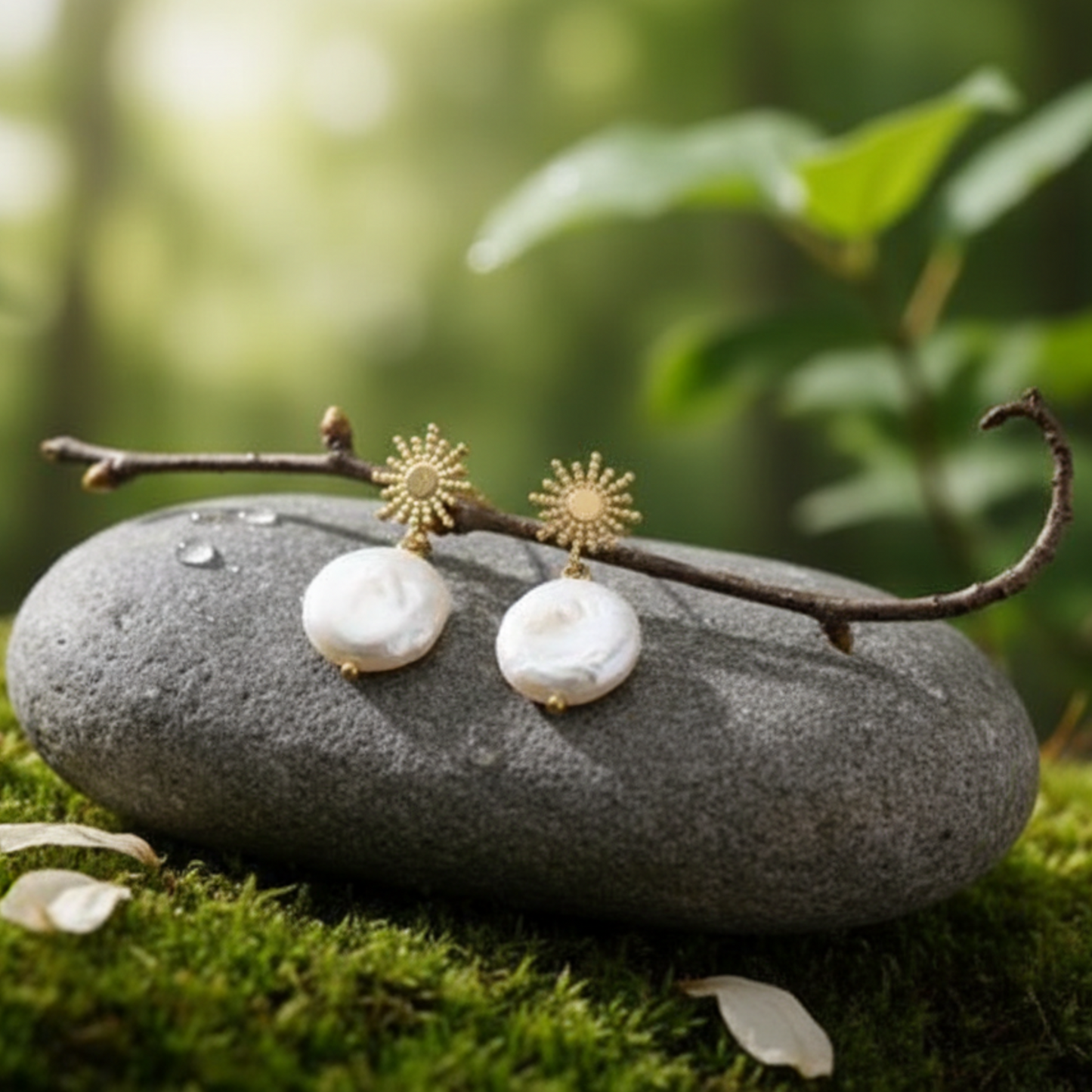 Gold sunburst pearl earrings resting on stone with branch and moss, nature inspired jewelry aesthetic, by Crossroads Dandelion