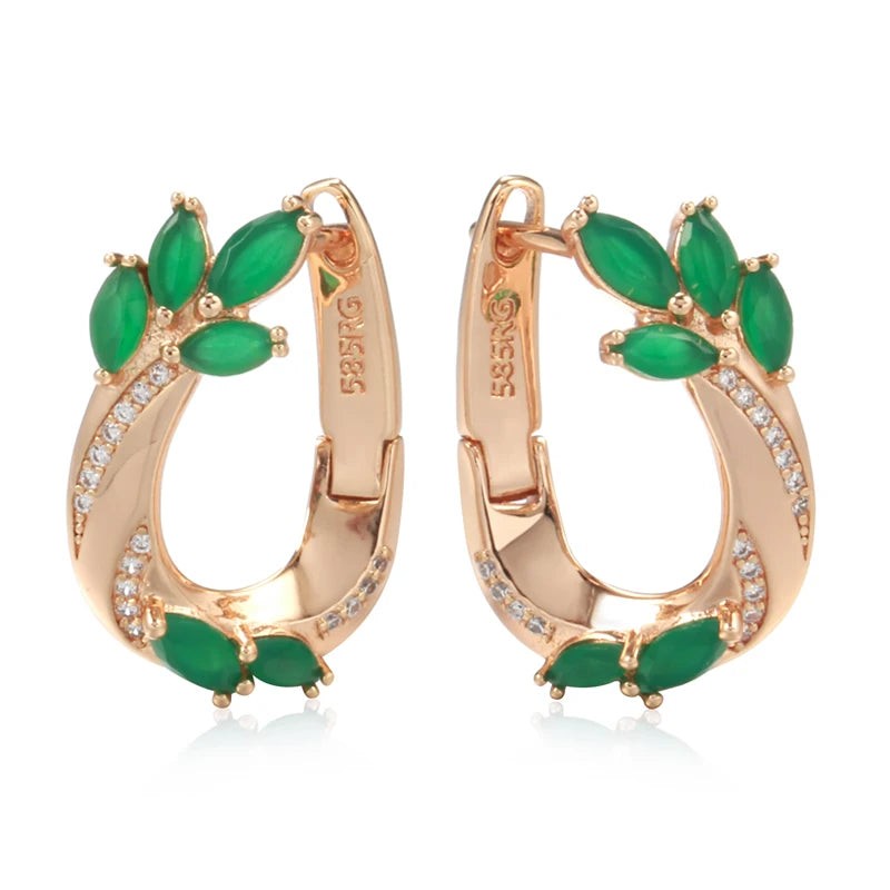 Pair of rose gold hoop earrings with green marquise leaf stones and clear pavé, front view