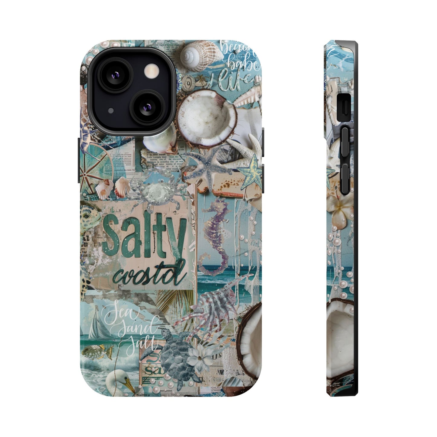 Salty Coastal iPhone 13 Mini matte phone case front view mockup with turquoise seashell collage artwork, by Crossroads Dandelion

